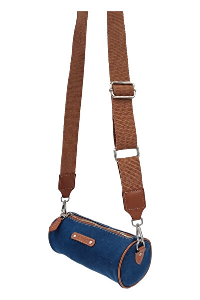 Paksoy حقيبة كتف من قماش الدنيم الداكن البسيط مع تفاصيل بلون أسمر - شكل أسطوا...