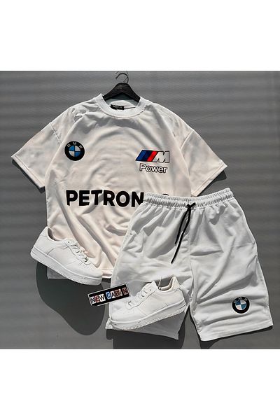 NewCabin New Season Oversize "BMW PETRONAS" Printed Cotton White T-shirt Cream Shorts Set