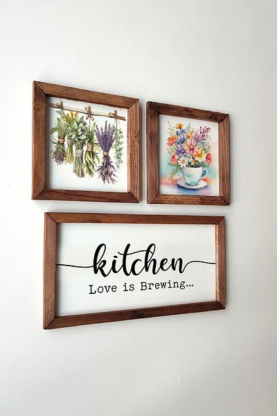 Tooall Kitchen Love is Brewing Γραπτό, Ξύλινο Πλαίσιο Ζωγραφικής 3 τεμαχίων με Εφέ Ακουαρέλας Πρασινάδα