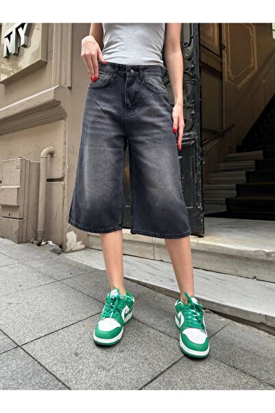 DENOKMODA UNISEX RAHAT KALIP GENİŞ PAÇA KOT KAPRİ VİNTAGE ŞORT