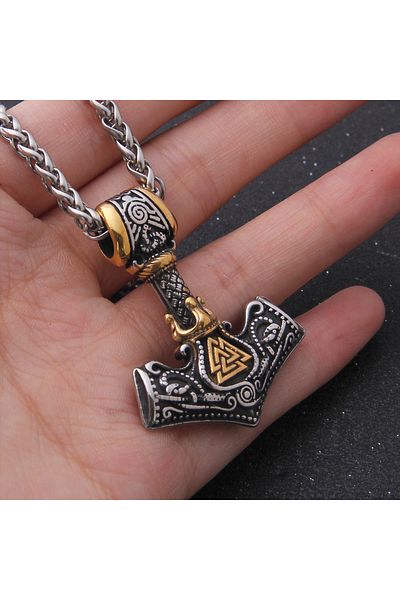 Viking Thor Mjollnir Mix Gold - Valknut and Tiwaz Embroidered 316L Nordic Necklace