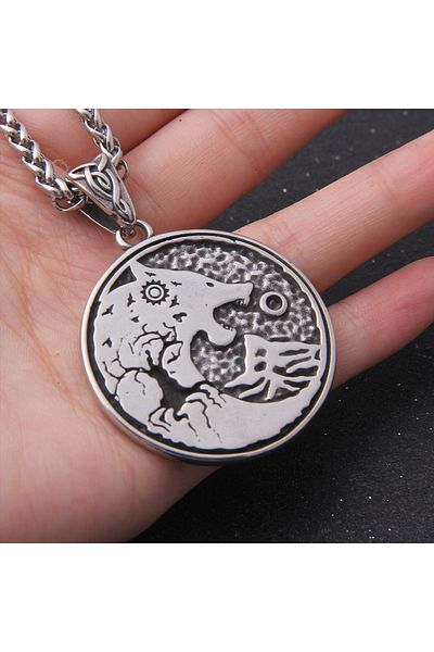 Viking Odin Back and Freki - Double Sided Nordic Wolf Design 316L Necklace