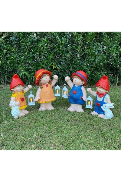 ufak dusler atölyesi Fenerli cuce 4lu set ev bahçe heykel biblo aydınlatmali ...