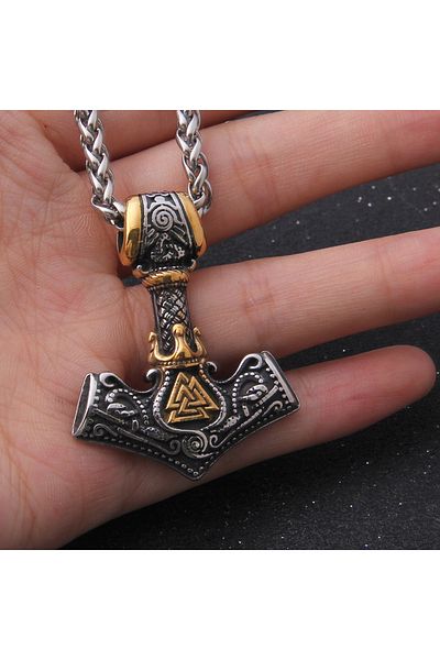 Viking Thor Mjollnir Mix Gold - Valknut and Tiwaz Embroidered 316L Nordic Necklace