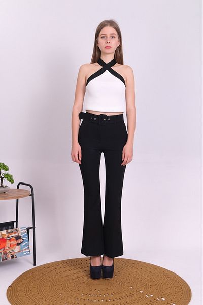 ŞeFa colection Women's High Waist Belted Spanish Trousers - Double Fabric, Wide Leg