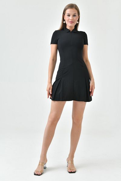 vuvutasarım Shirt Collar Zipped Stretchy Black Mini Dress - Hidden Pocket, Short Sleeve 049