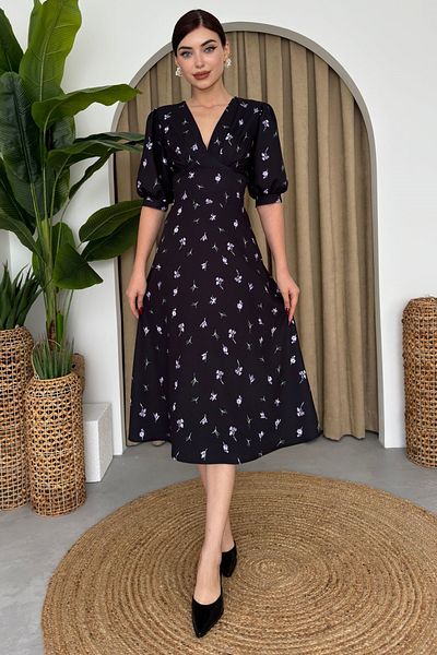 vuvutasarım Black Midi Evening Dress - V-Neck, Floral Pattern, Balloon Sleeve, Atlas Fabric 153