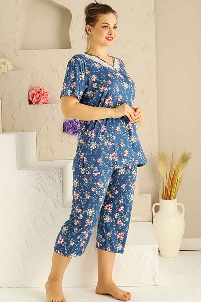 ALİMER V-Neck Indigo Bermuda Pajamas Set - Short Sleeve, Lace, Large Size EDY2708B-İ