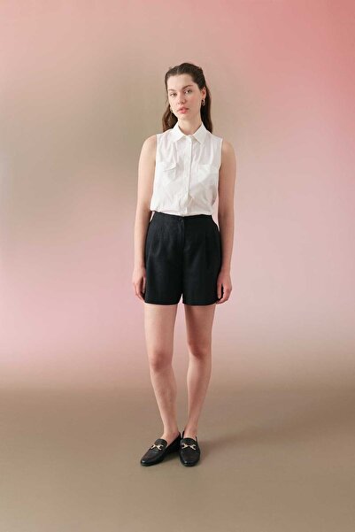 nevege شورت كتان أسود - نسائي، مطوي