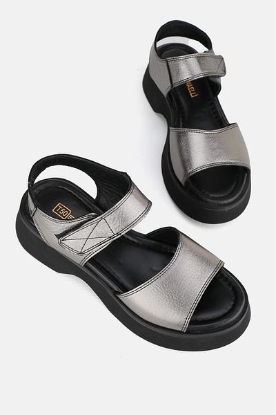 TUNAELLİ Negru nichel - Sandale de damă cu toc scurt din piele naturală