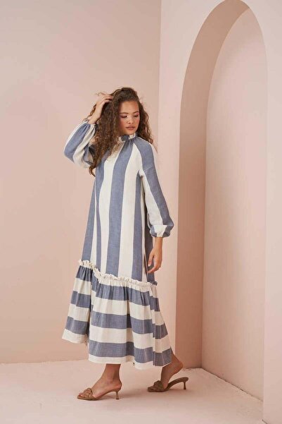 Mevra Μπλε Φόρεμα Μουσελίνας - Φούστα με χοντρές ρίγες με βολάν