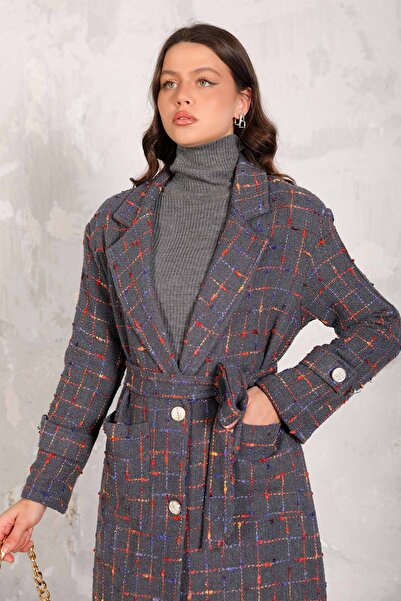 Melike Tatar ANTHRACITE 66-3004 Model Tweed Long Coat