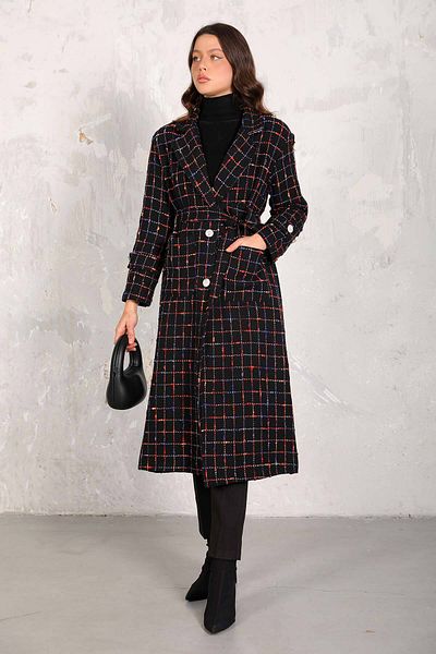 Melike Tatar 66-3004 Model Black Tweed Long Coat