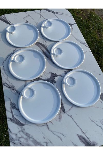 NEWTREND Züccaciye 2 Model 6-Piece White Round Tray - Coffee and Pastry Serving Presentation Tray