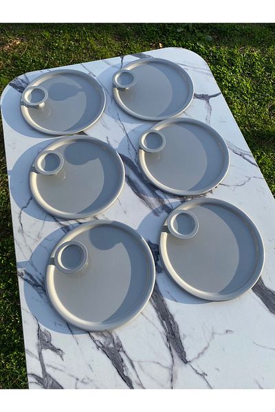 NEWTREND Züccaciye 2 Model 6-Piece Gray Round Tray - Gray Macaron Holder Coffee and Pastry Serving Presentation Tray