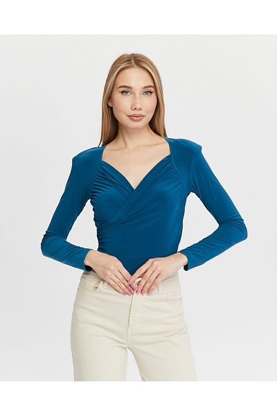 mor butik Bluză albastră cu decolteu în V - cu detaliu de șnur și catarame de jos, model 777