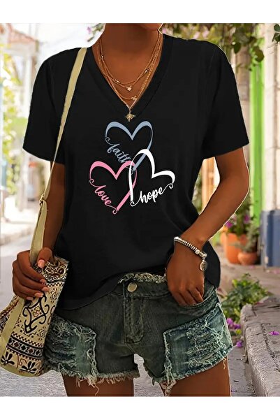 mercoledi Tricou de damă cu imprimeu, supradimensionat, cu decolteu în V, lejer
