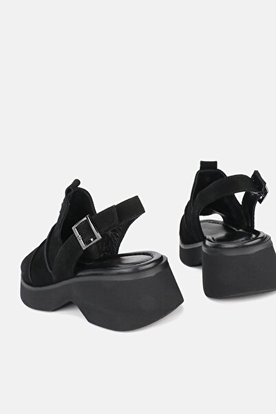 TUNAELLİ Black Nubuck Low Heel Sandals - Genuine Natural Leather