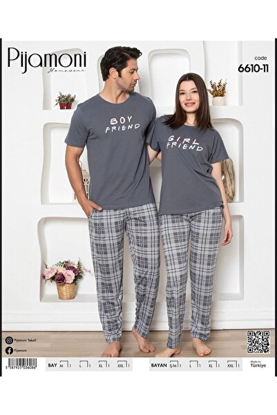 Pijamoni Gri Kısa Kollu Eşli Pijama Takımı 6610-11 - KADIN