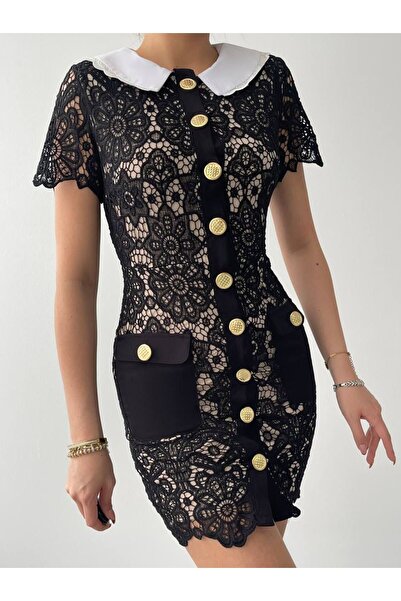 sewing story Gold Düğmeli Dantelli Siyah Mini Elbise