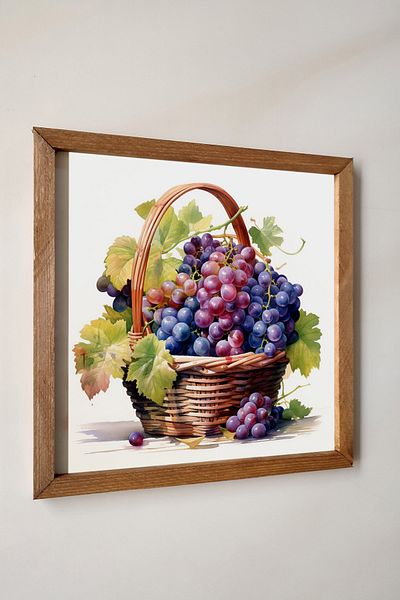 Wooden Factory Ζωγραφική σε καλάθι σταφυλιών με ξύλινο πλαίσιο, εφέ ακουαρέλας, τραπέζι καλάθι σταφυλιών, ακουαρέλα