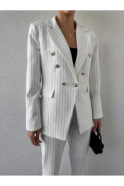 Female Clothing Asymmetrical Striped Blazer Jacket and Belted Pipe Leg Pants Suit