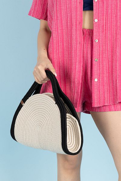 Getcho Ramsey Beige Black Half Moon Straw Women's Beach Bag Summer Shoulder Model Colorful Large Capacity Design