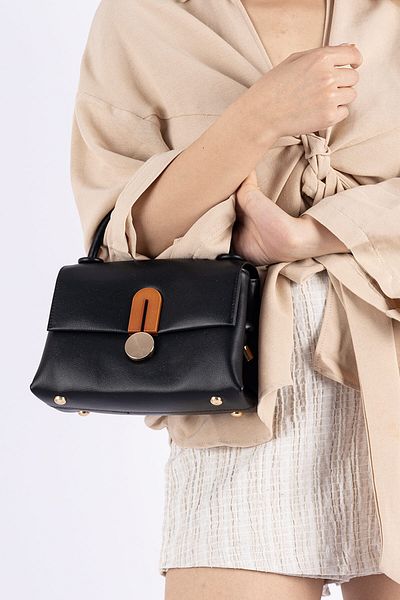 Getcho Zelma Women's Covered Buckle Daily Hand and Shoulder Bag Leather Black Mini Size Useful Model