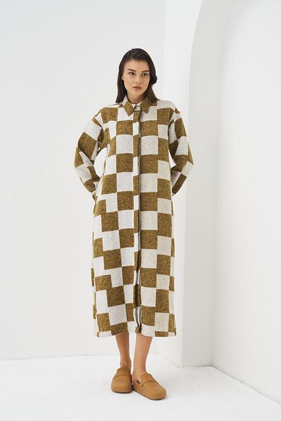 Mevra Mustard Plaid Pattern Shirt Dress