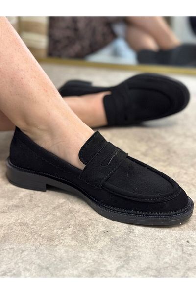İmerShoes Mocasini de dama din piele intoarsa neagra - model clasic, varf oval cu catarama, pantofi mocasin 130