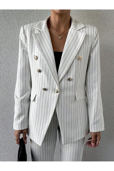 Female Clothing Asymmetrical Striped Blazer Jacket and Belted Pipe Leg Pants Suit