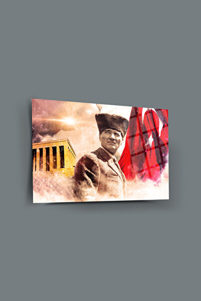 glassartdesign Pictură pe sticlă Ataturk 76-Pictură Ataturk-Pictură cu steagu...