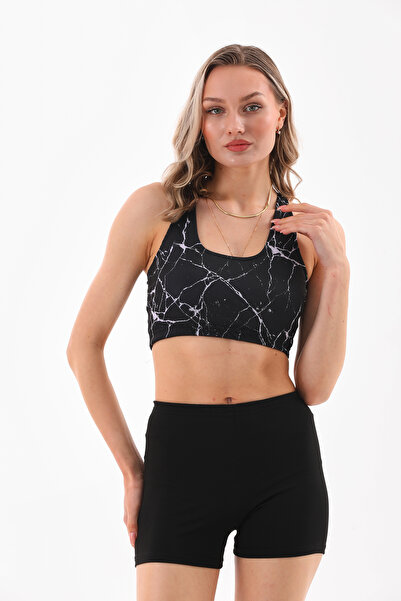 Newness Fashion Forwoard Kadın Siyah Desenli Şortlu Mayo Body Bikini Crop