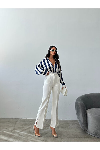 Female Clothing Yüksek Bel Cepli Çimalı Paçası Yırtmaç Detay Esnek Kumaş Pant...