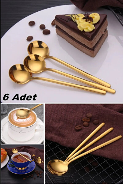 AYGÖREN HOME 6 Adet Lüx Paslanmaz Çelik Kaşık Gold Uzun Saplı Yuvarlak Tatlı Kaşığı Kahve Dondurma Espresso Kaşık