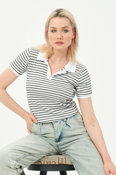 Owut Collection Women's Fitted Striped Short Sleeve Polo Neck T-Shirt
