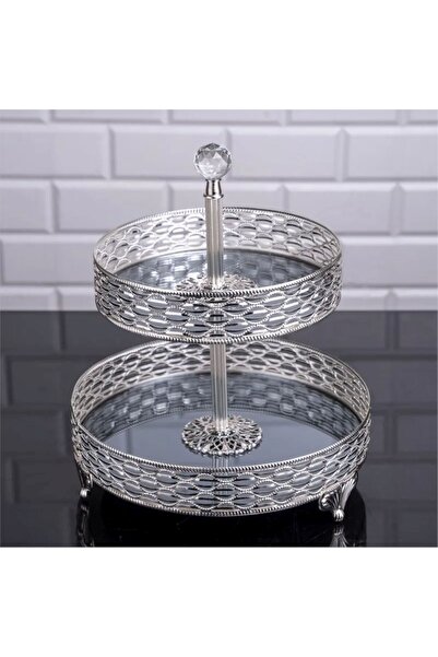 İnova Home Decor Gümüş Renk Nil İki Katlı Yuvarlak Kurabiye – Meyve Servis Te...