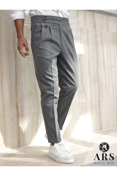 Ars Magic Box New Season ARS MAGIC BOX - Cotton Bagy Double Pleated Relaxed Fit and Metal Buckle Standard Length Trousers