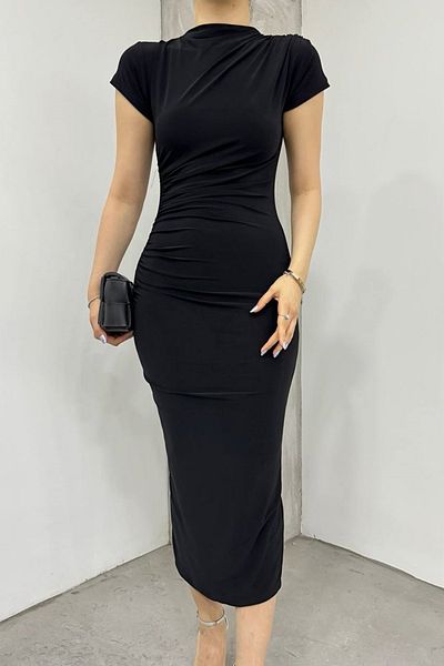 bayansepeti Rochie midi din țesătură nisipoasă - neagră, guler ridicat, detaliu cu șnur, mânecă scurtă 12470