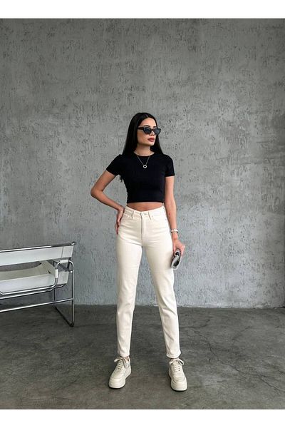 MAKRAS EXCLUSIVE Blugi Mom Beige Julia Trend - Blugi Stretch cu Talie Inalta si Lycra