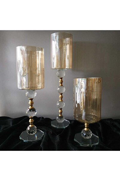 HİLALKRİSTAL FÜME  -CAM-3 LÜ SALON ŞAMDAN -MUMLUK SET