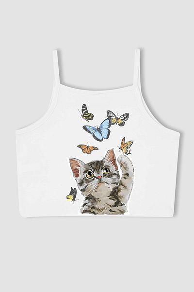 MYADA New Season Butterfly Patterned Cat Printed Crop Top - Girl 14776