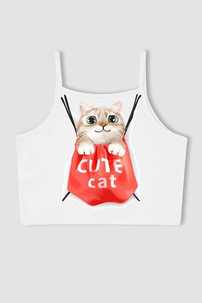 MYADA New Season Cute Cat Printed Girls' Crop Top - 14608