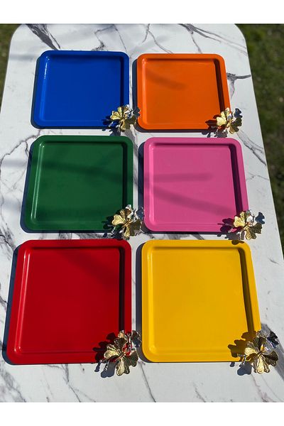 Aslı Hediyelik Luxury 6-Piece Stainless Steel Brown - Mixed Color, Square Butterfly Accessory, Decorative Presentation Tray