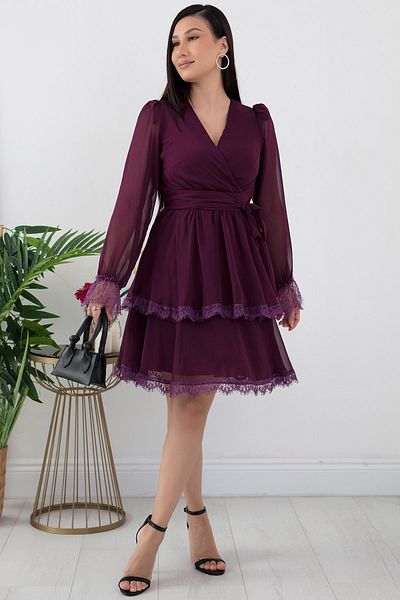 PULLIMM Rochie din șifon din dantelă cu mânecă lungă - GRS3316
