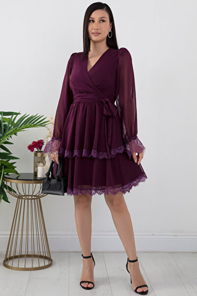 PULLIMM Dantel Detay Uzun Kol Şifon Elbise GRS3316