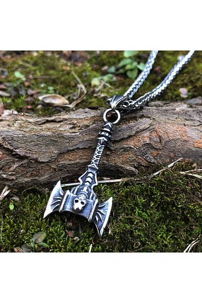 Viking Nordik Berserker Axe - Gothic Axe and Sword Valknut Embroidered 316L Steel Necklace