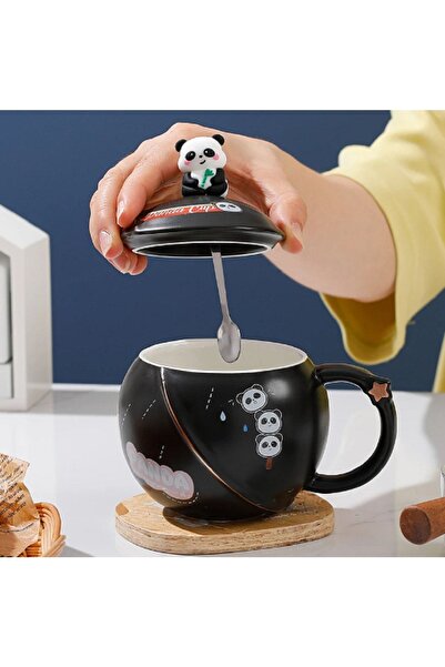 hediyeconcepti 400ml Seramik Kapaklı Kaşıklı Panda Kupa Bardak Çay Kahve Bard...