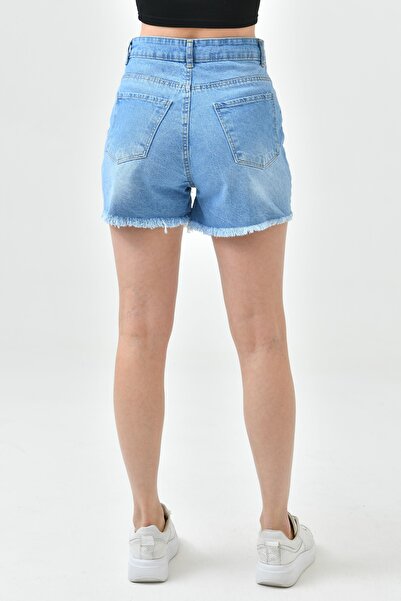 WOMAN VISION Světle modré džínové šortky s vysokým pasem roztrhaným detailem - 70344