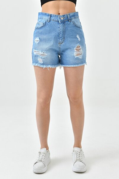 WOMAN VISION Světle modré džínové šortky s vysokým pasem roztrhaným detailem - 70344